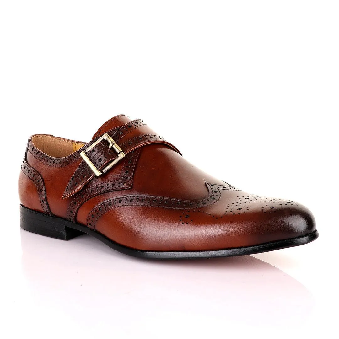 John Mendson Single Strap Lace Brogues Buckle Leather Brown Shoe