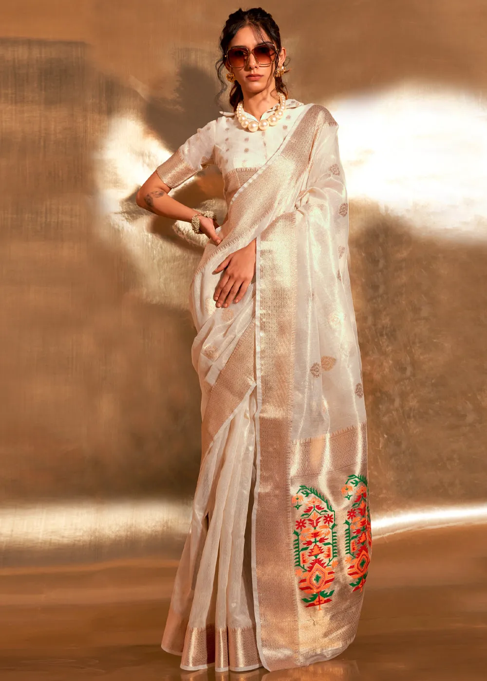 Kora Classic White Woven Banarasi Tissue Silk Saree
