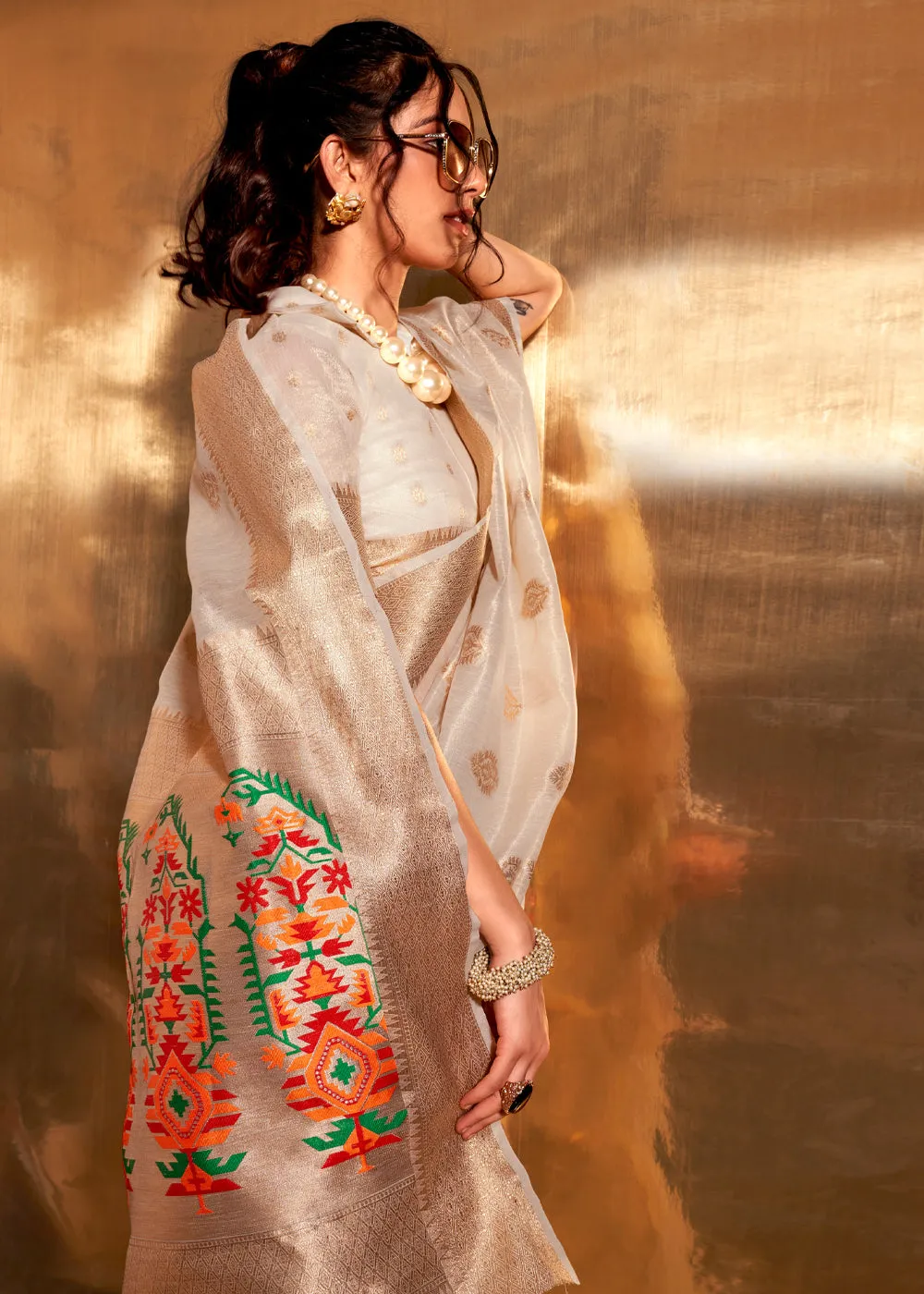 Kora Classic White Woven Banarasi Tissue Silk Saree