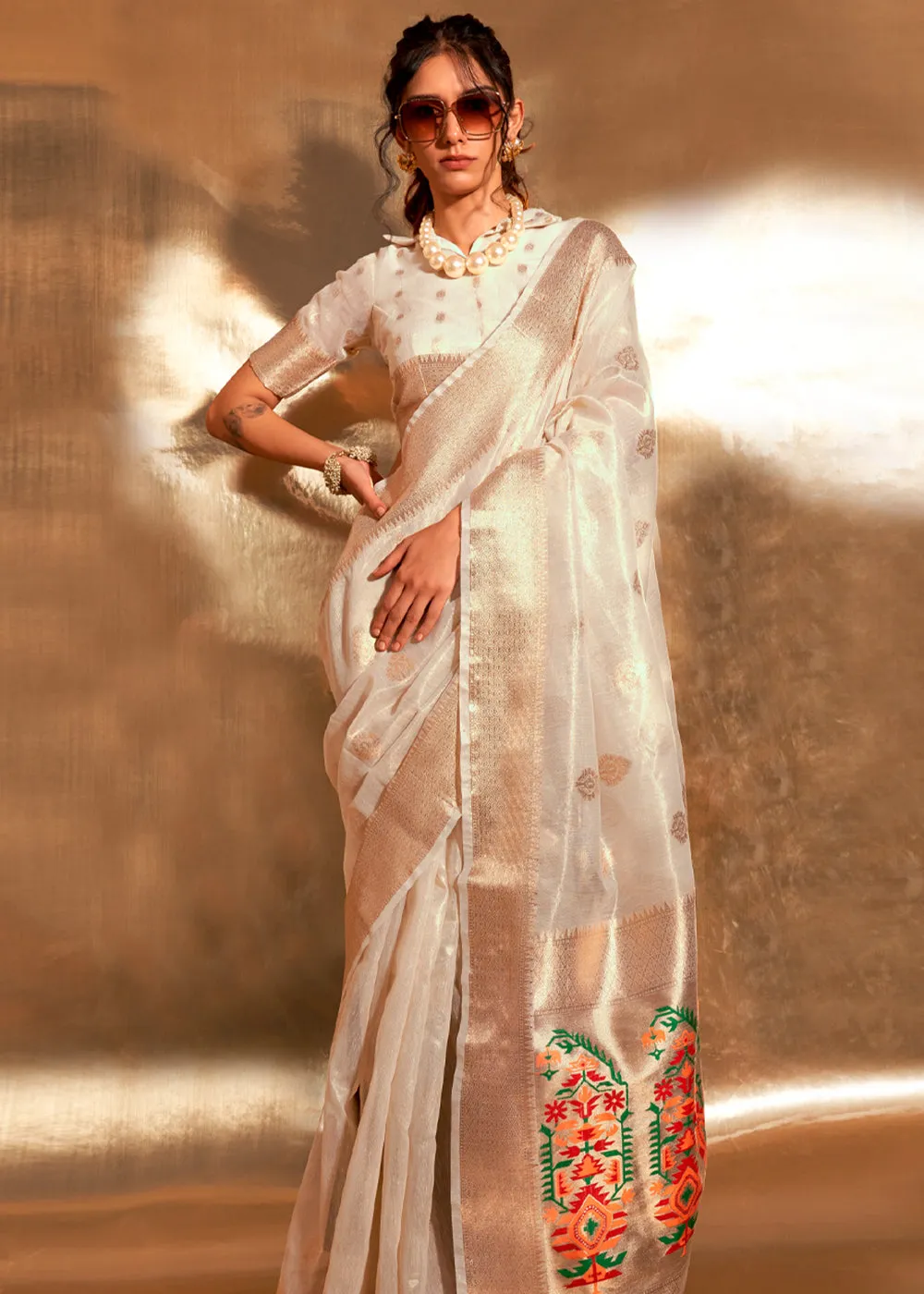 Kora Classic White Woven Banarasi Tissue Silk Saree