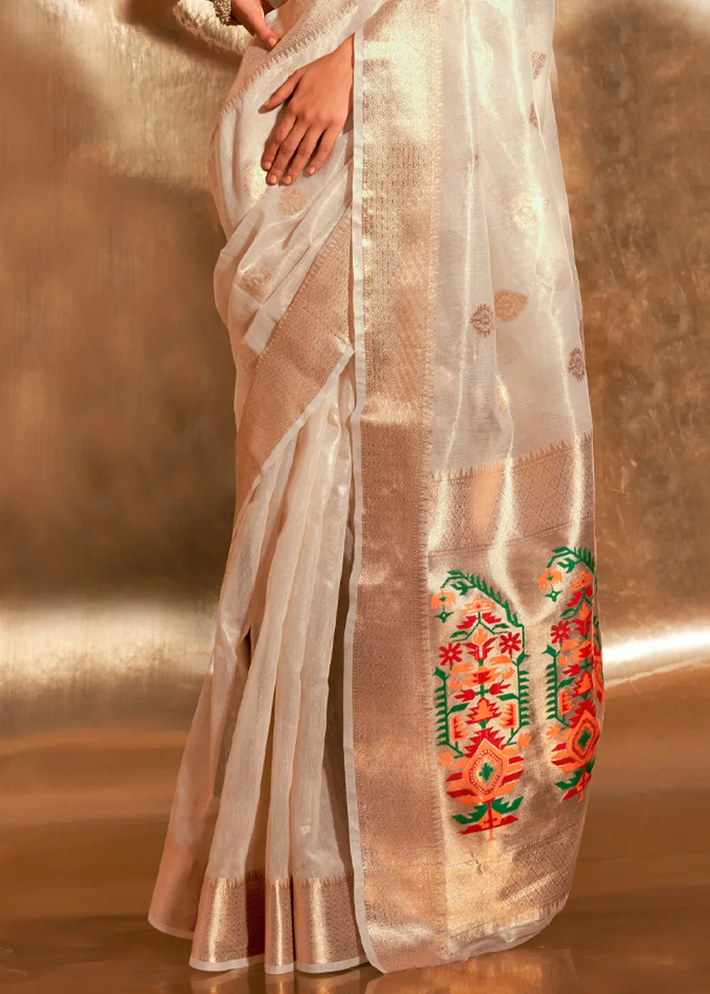 Kora Classic White Woven Banarasi Tissue Silk Saree