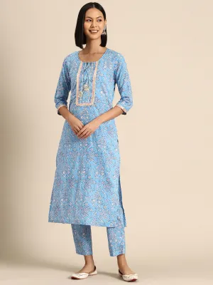 Kurta Pyajama with gota work in Light Blue Print