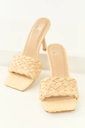 Light Desert Sand Woven Raffia Strap Stiletto Heels