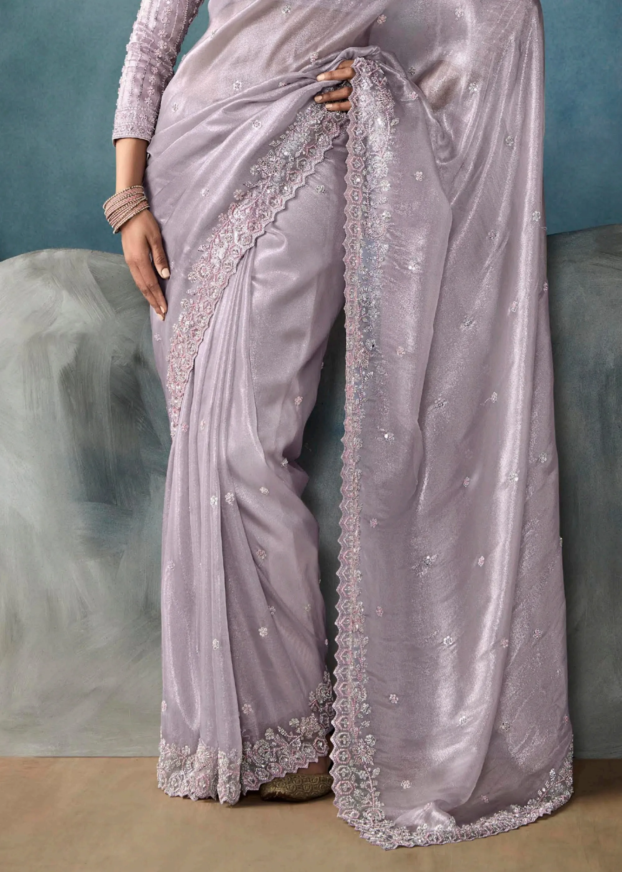 Lilac Purple Embroidered Designer Tissue Silk Saree