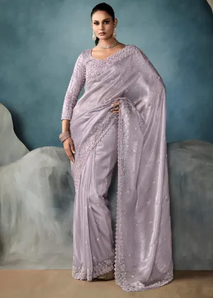 Lilac Purple Embroidered Designer Tissue Silk Saree