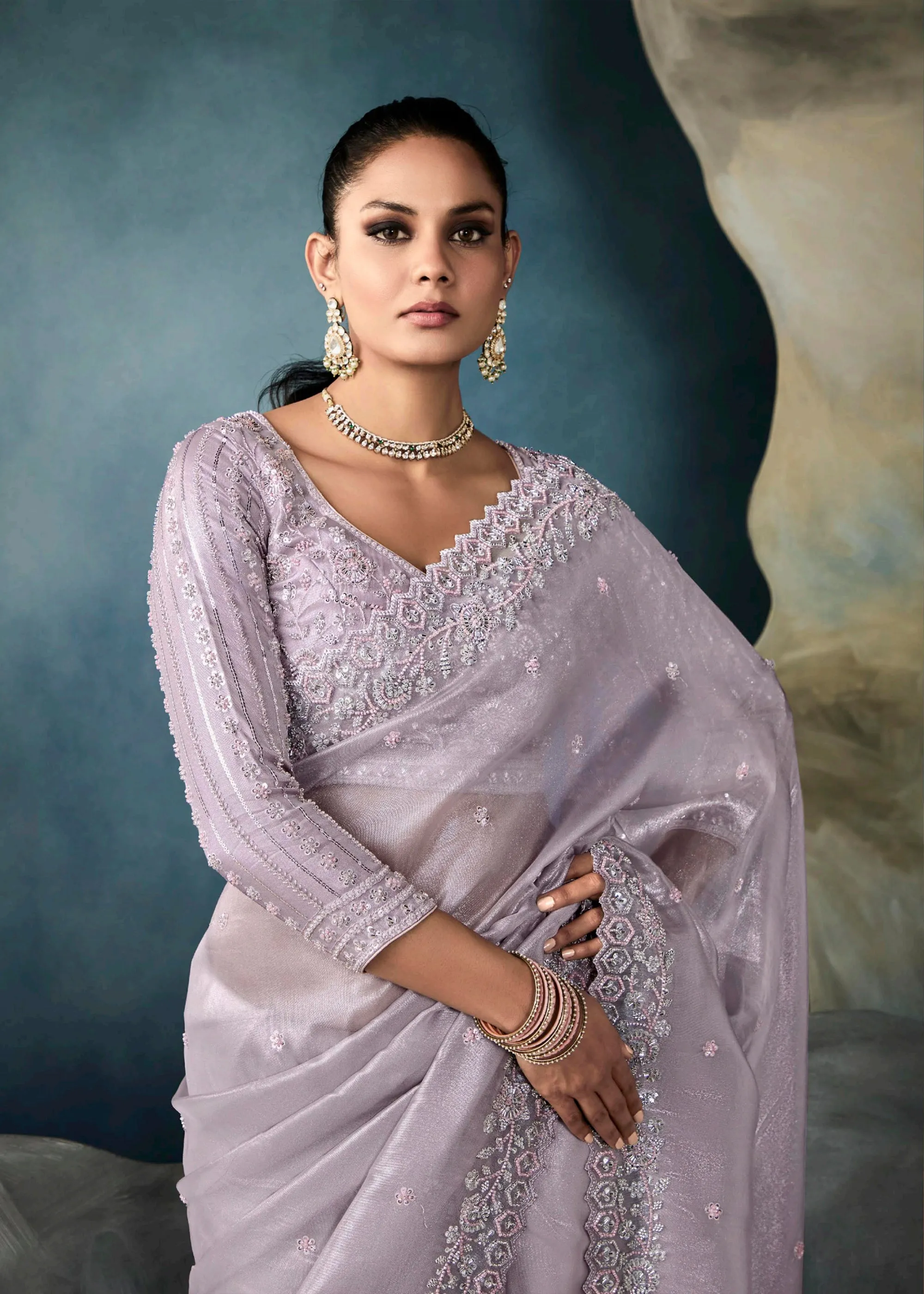 Lilac Purple Embroidered Designer Tissue Silk Saree