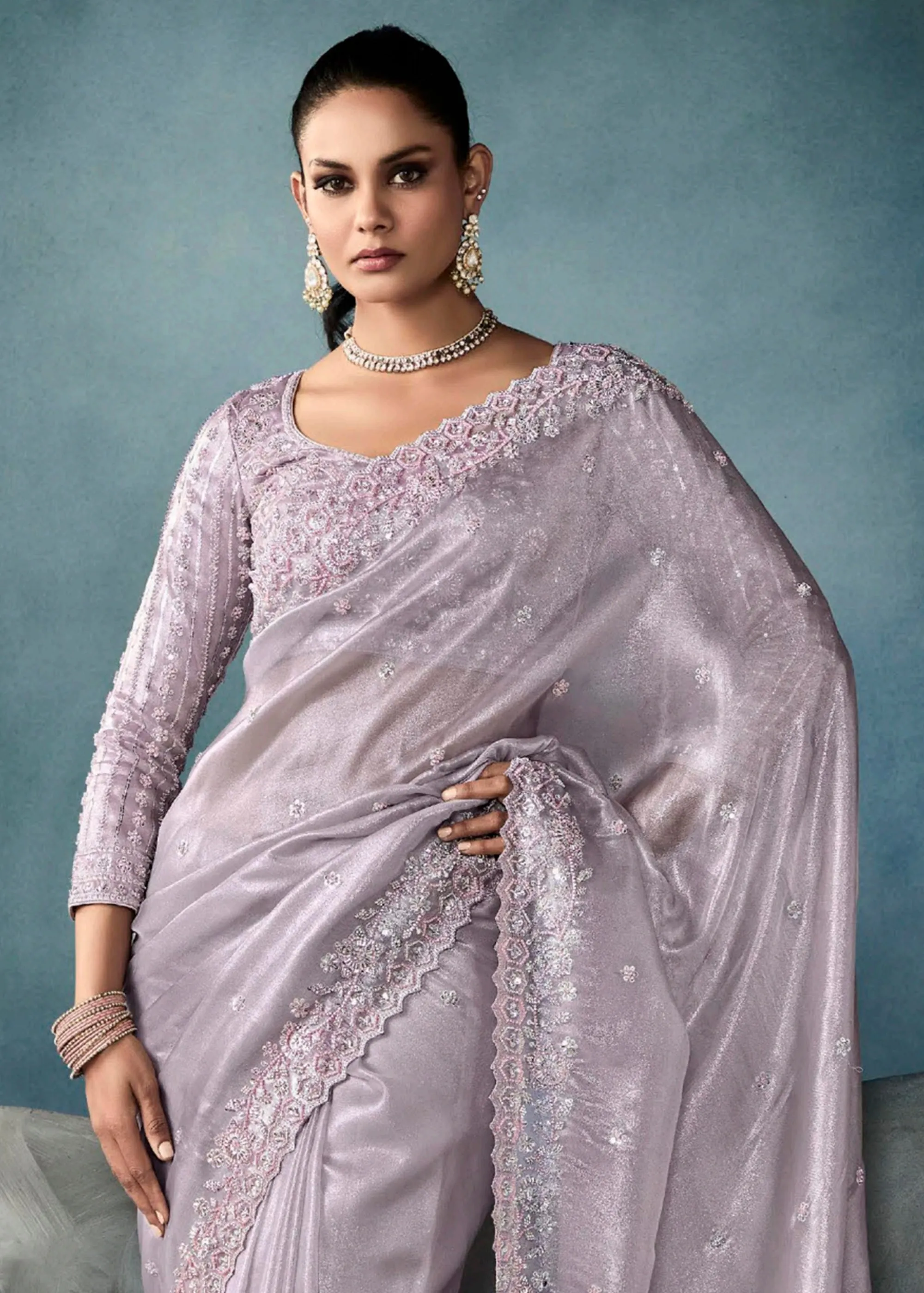 Lilac Purple Embroidered Designer Tissue Silk Saree