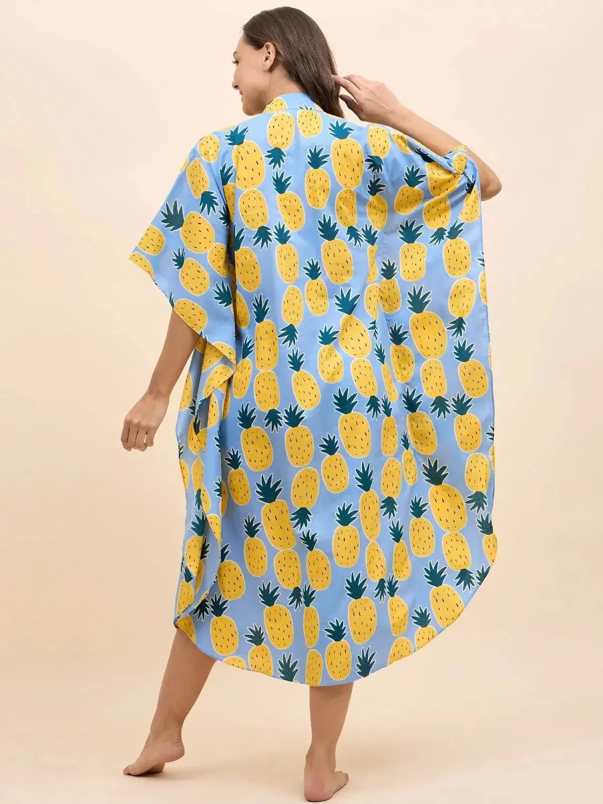 Long Kaftan Dress in Blue and Yellow Pineapple Print