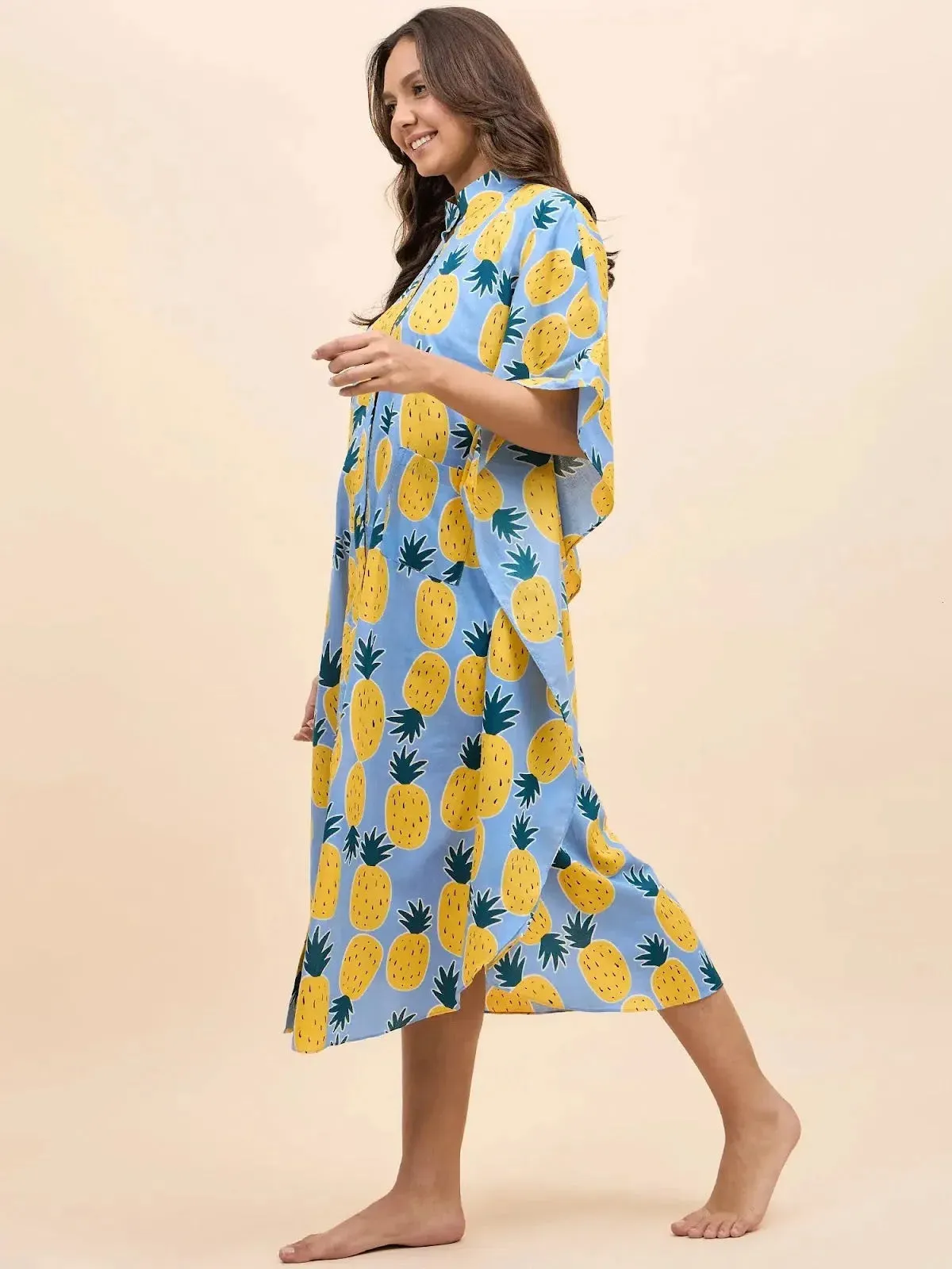 Long Kaftan Dress in Blue and Yellow Pineapple Print