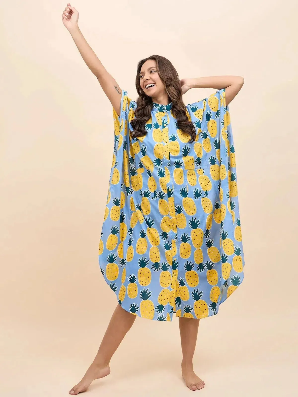 Long Kaftan Dress in Blue and Yellow Pineapple Print