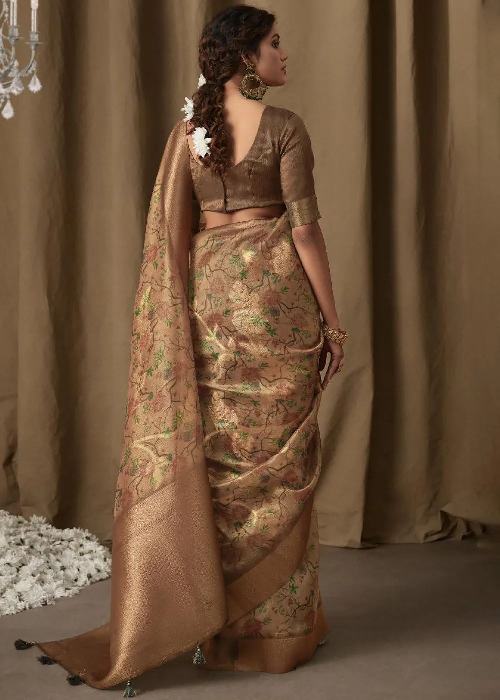 Metalic Brown Woven Banarasi Brocade Tissue Silk Saree With Floral Print