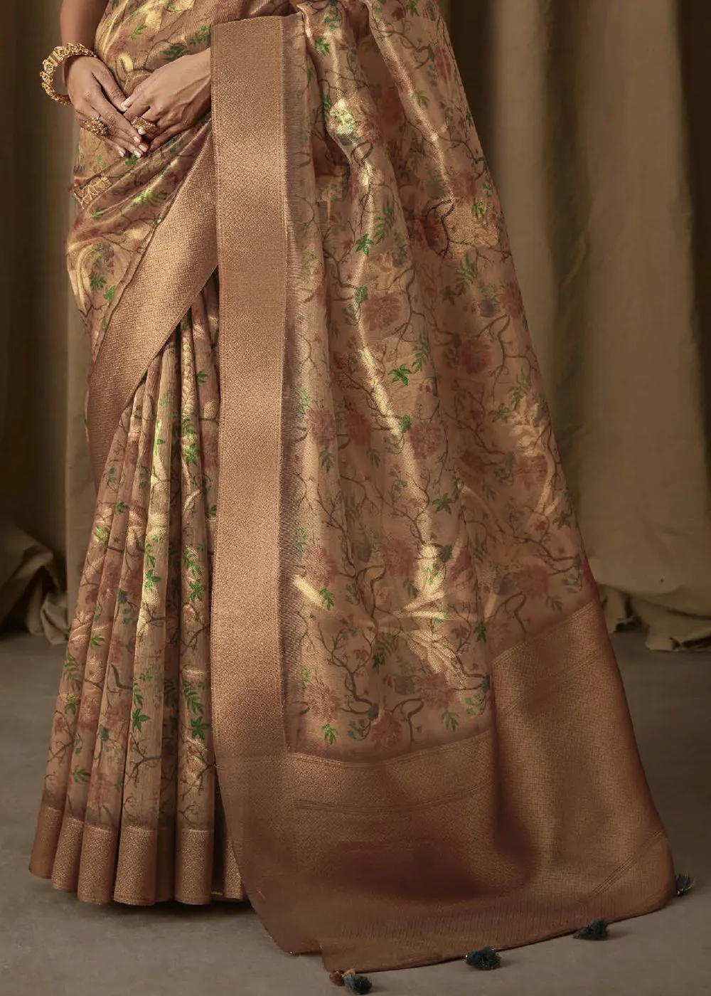 Metalic Brown Woven Banarasi Brocade Tissue Silk Saree With Floral Print
