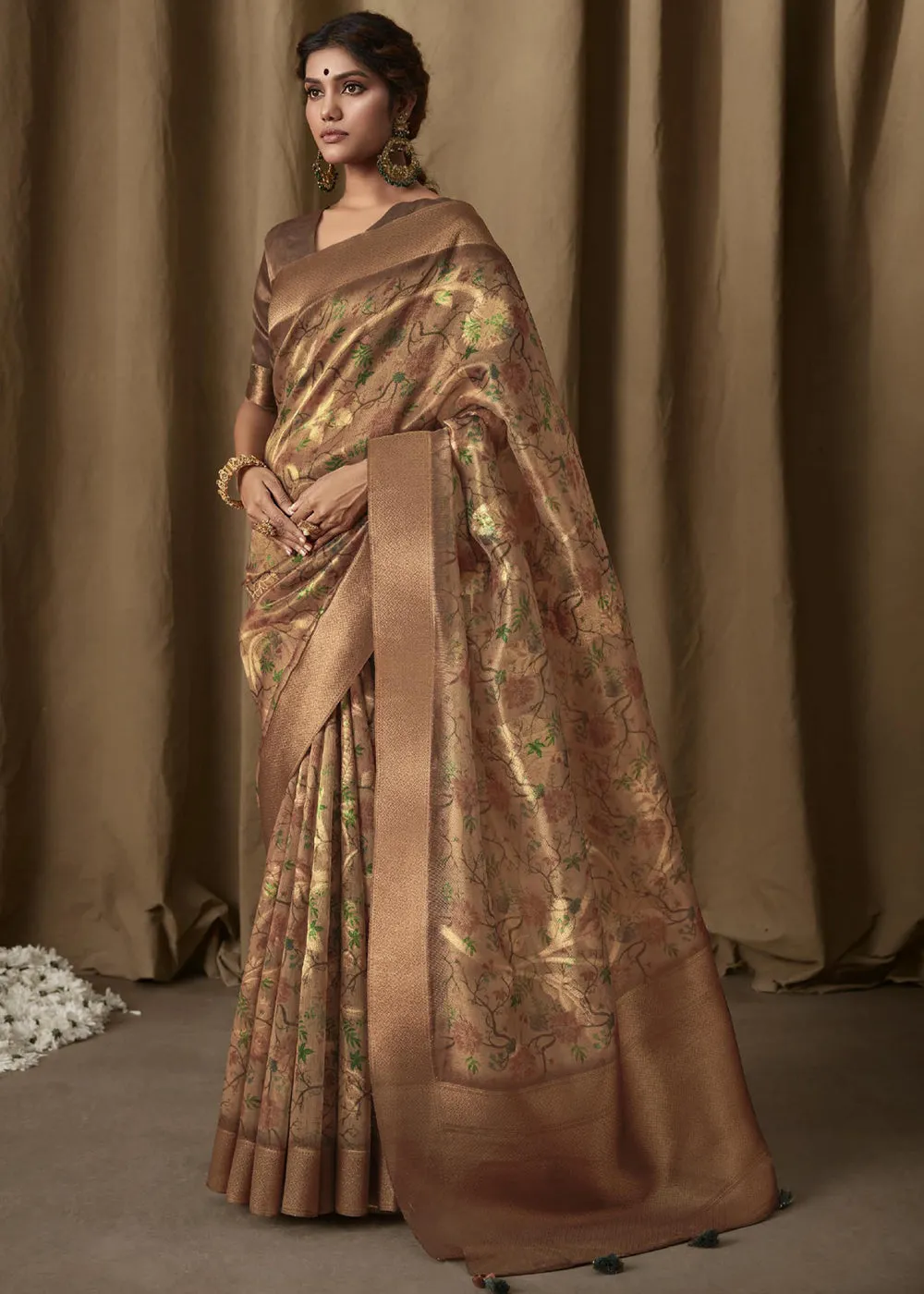 Metalic Brown Woven Banarasi Brocade Tissue Silk Saree With Floral Print