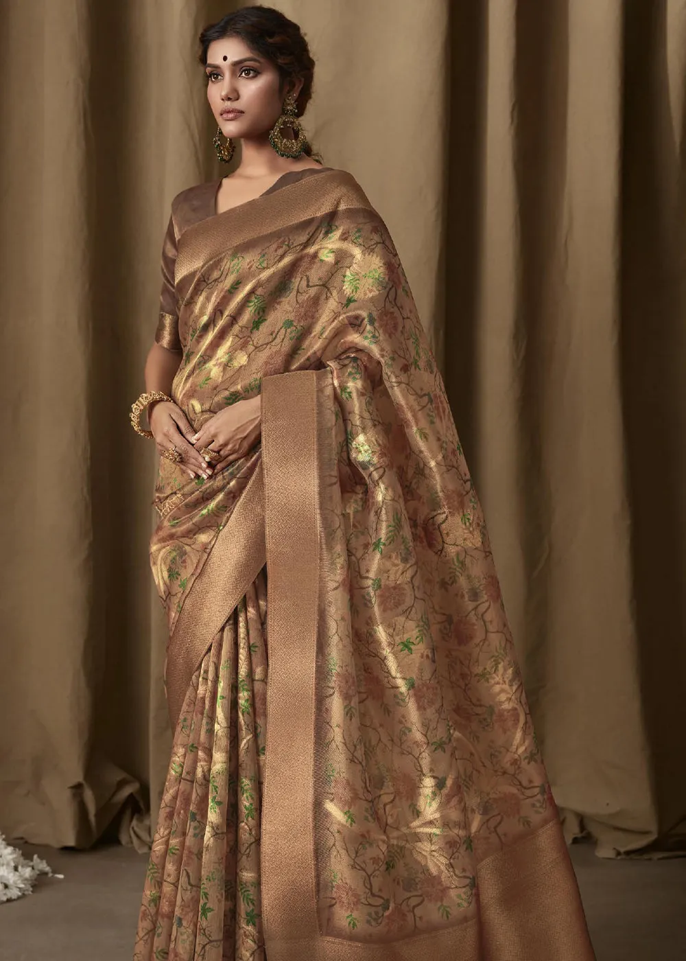 Metalic Brown Woven Banarasi Brocade Tissue Silk Saree With Floral Print