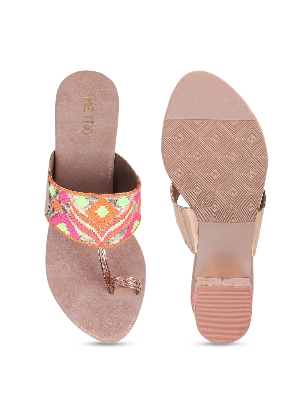 Metro Ethnic Embellished Woven Design Open One Toe Block Heels