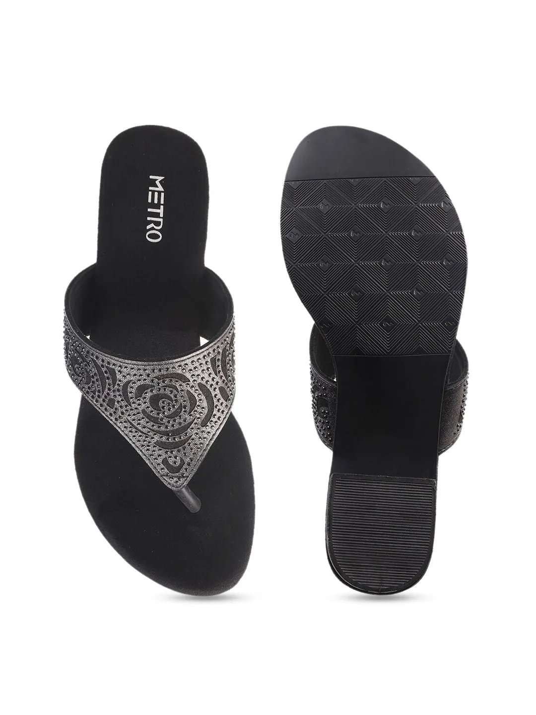 Metro Women Black Embellished Open Toe Block Heels