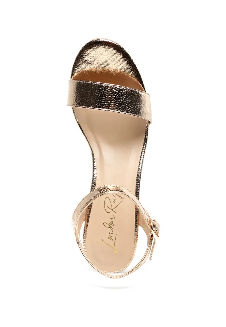 Mid Block Heeled Metallic Sandal