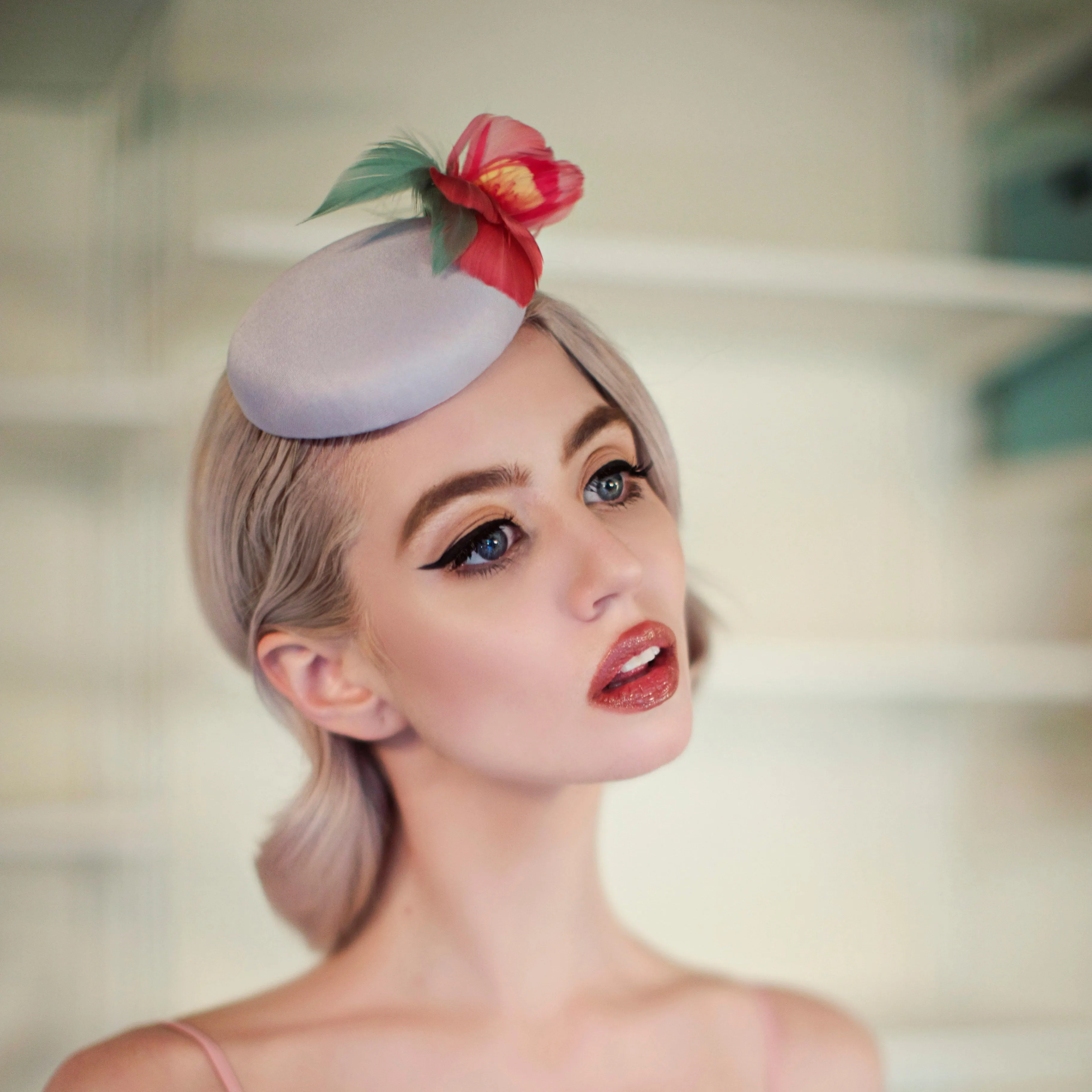 Mini Pillbox with Feather Flower, Pink