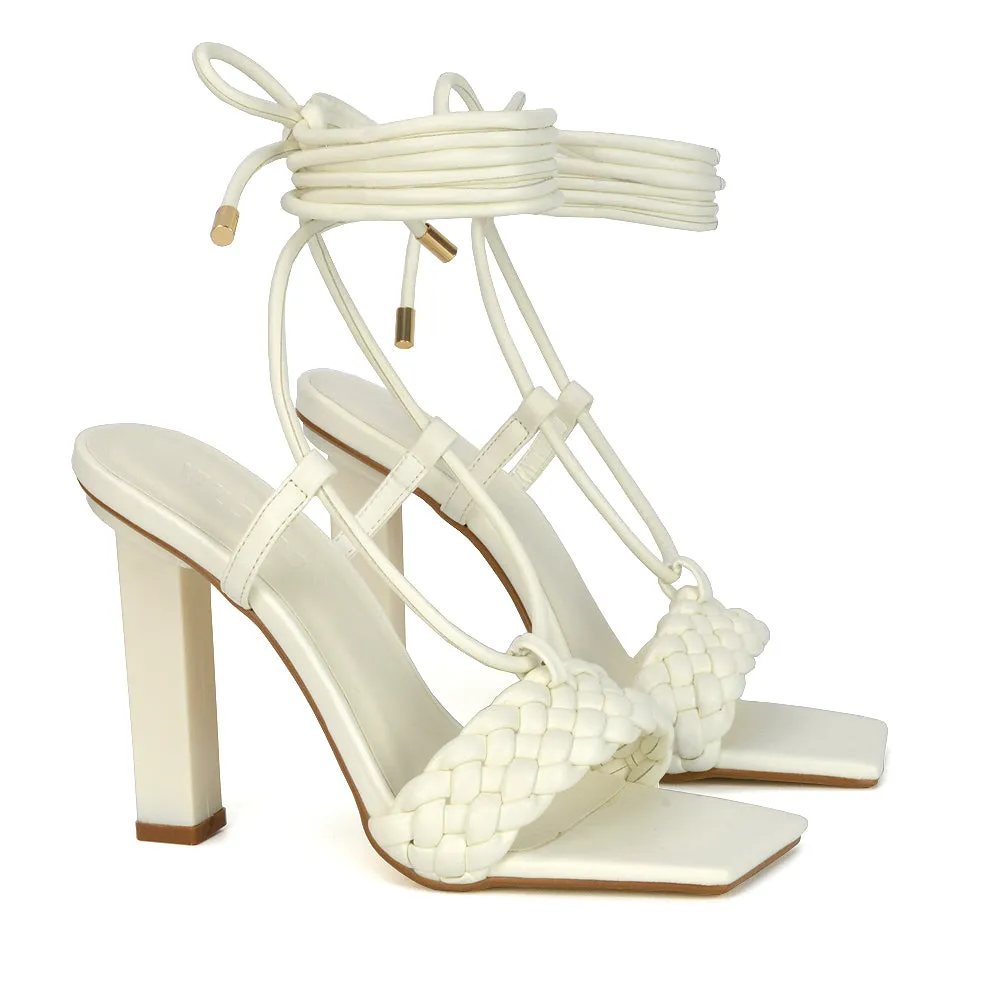 Mira Woven Strap Lace Up Strappy Block Square Toe Heels in Blue Synthetic Leather