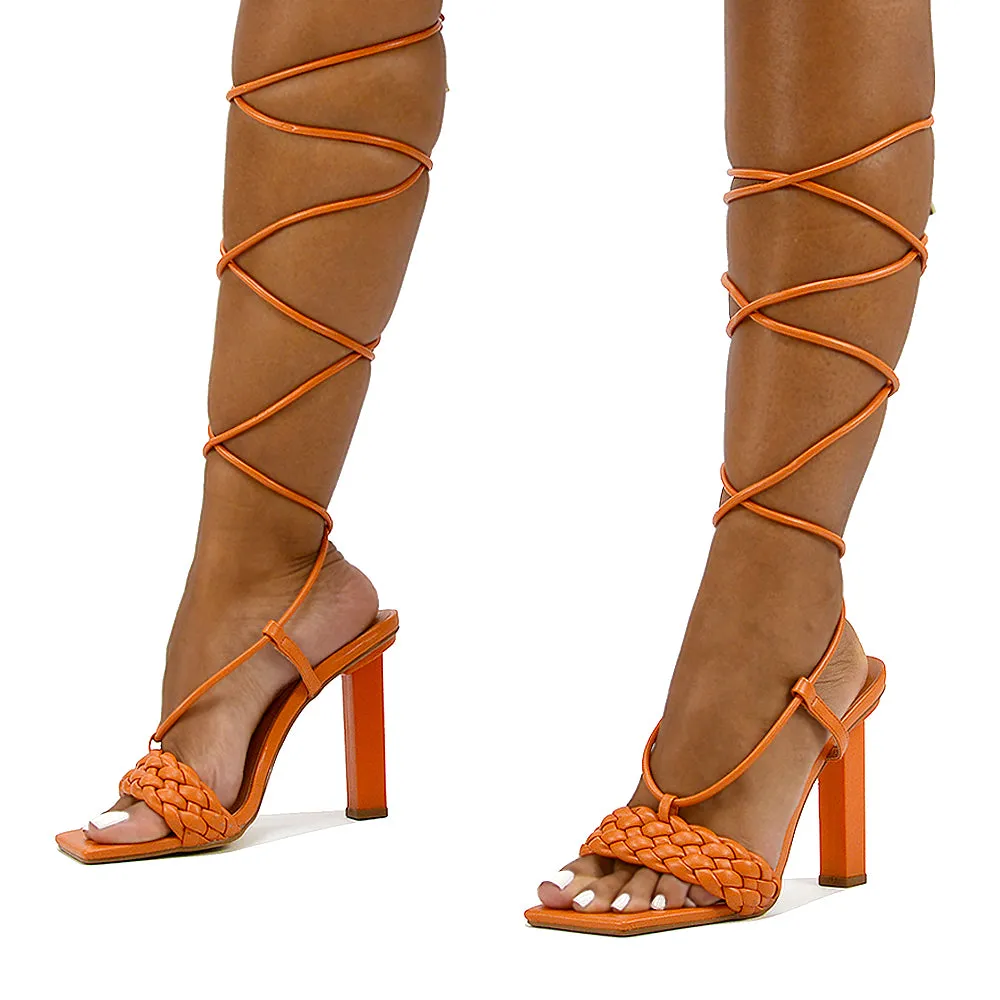 Mira Woven Strap Lace Up Strappy Block Square Toe Heels in Blue Synthetic Leather