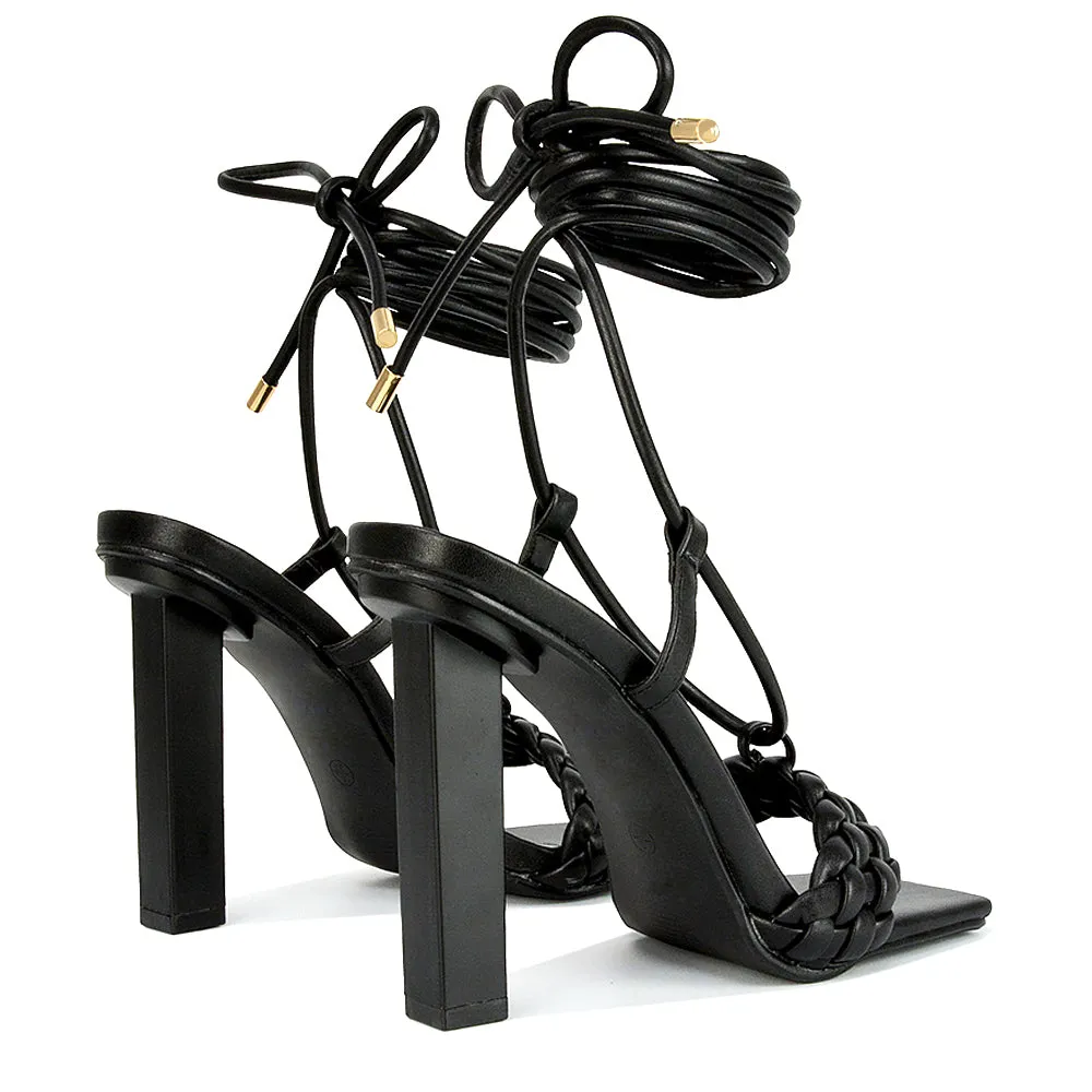 Mira Woven Strap Lace Up Strappy Block Square Toe Heels in Blue Synthetic Leather