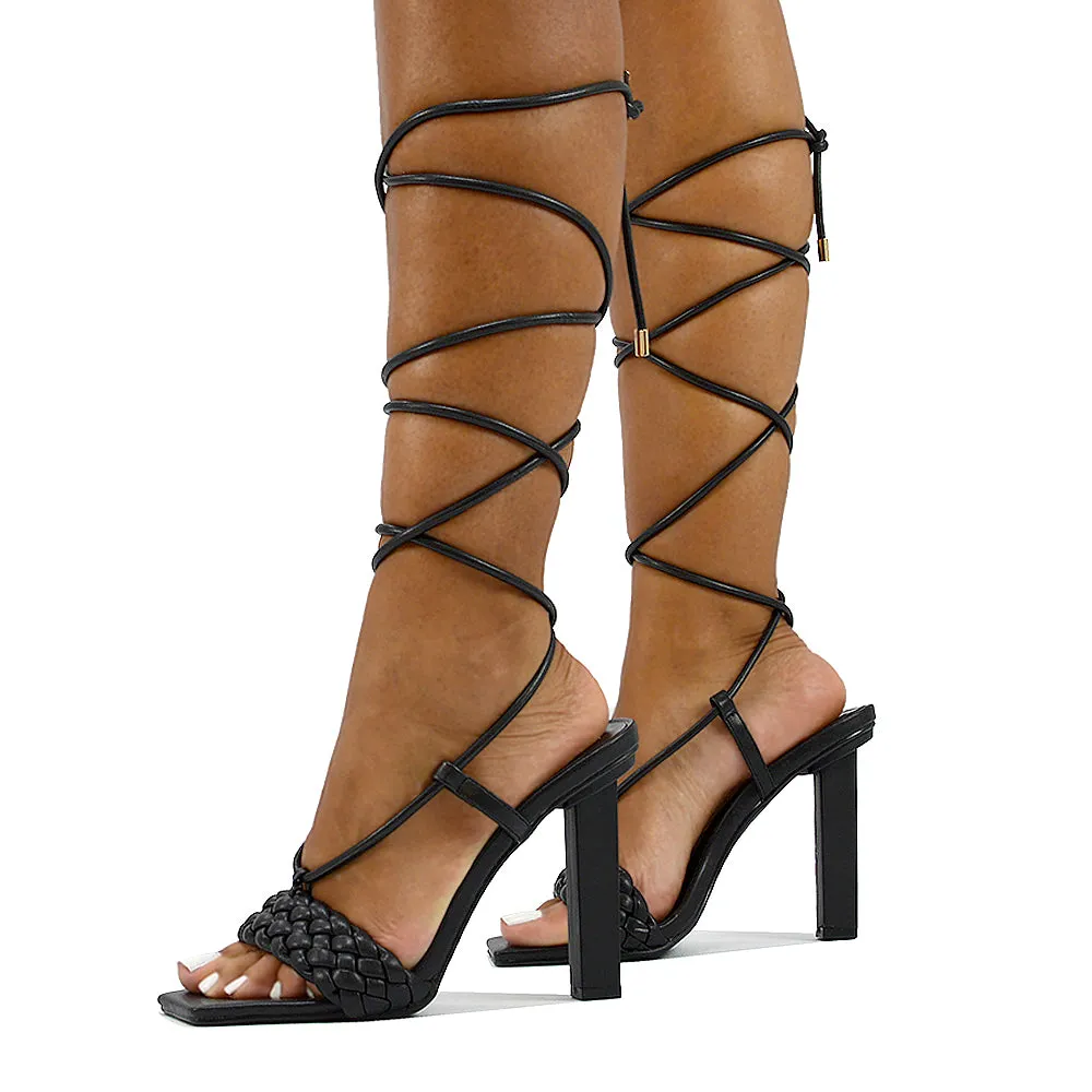 Mira Woven Strap Lace Up Strappy Block Square Toe Heels in Blue Synthetic Leather