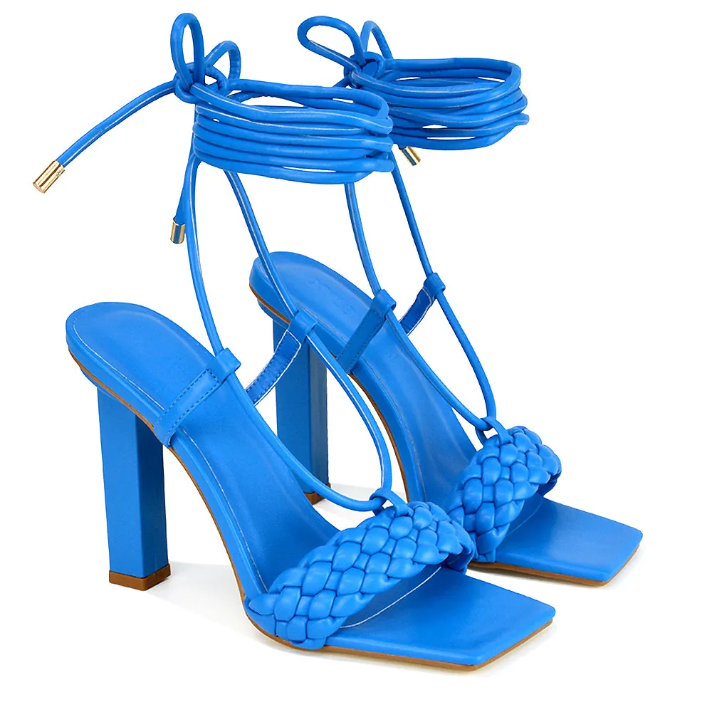Mira Woven Strap Lace Up Strappy Block Square Toe Heels in Blue Synthetic Leather