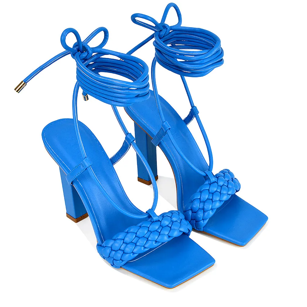 Mira Woven Strap Lace Up Strappy Block Square Toe Heels in Blue Synthetic Leather