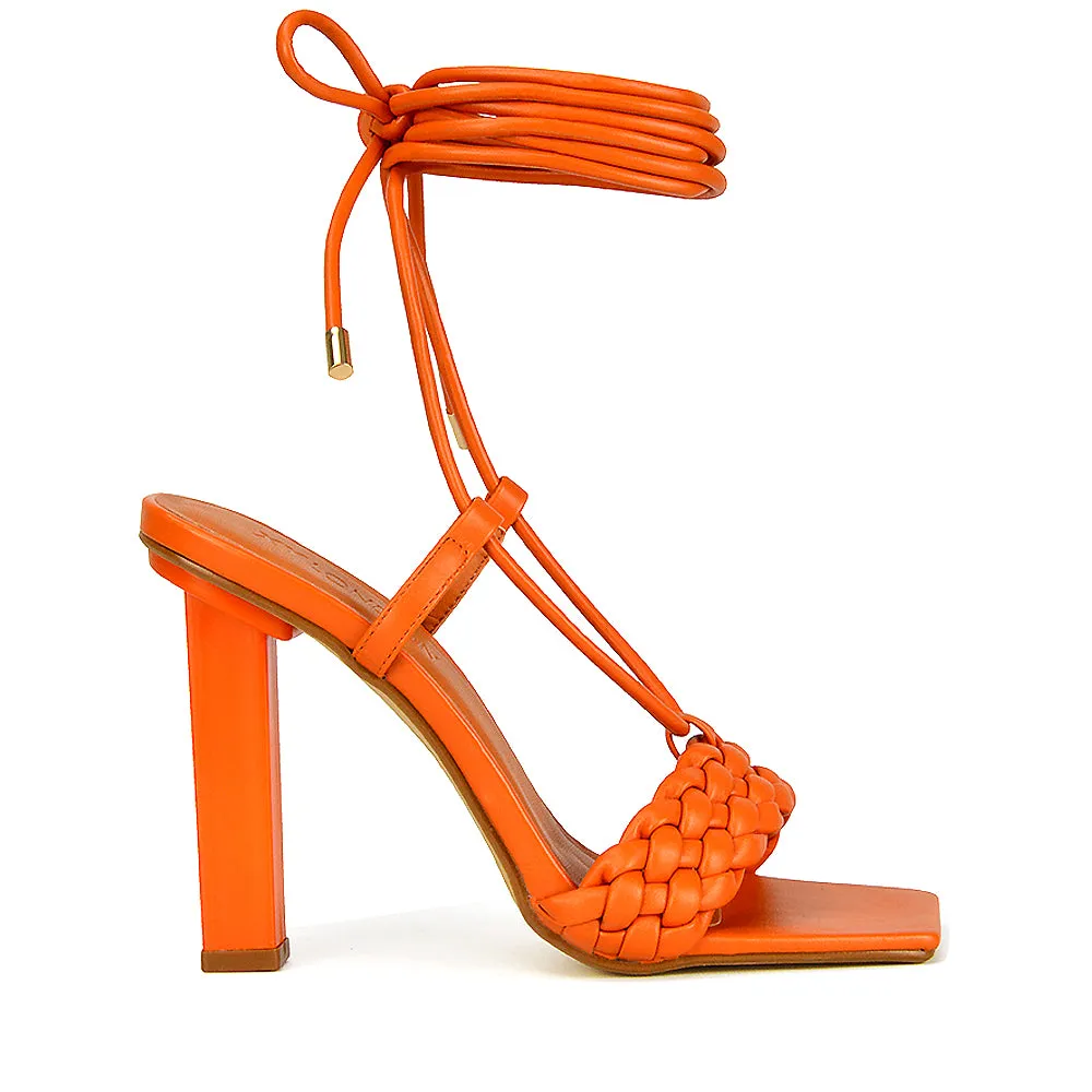Mira Woven Strap Lace Up Strappy Block Square Toe Heels in Blue Synthetic Leather