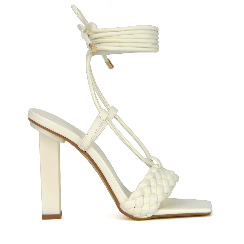 Mira Woven Strap Lace Up Strappy Block Square Toe Heels in Blue Synthetic Leather