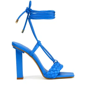Mira Woven Strap Lace Up Strappy Block Square Toe Heels in Blue Synthetic Leather