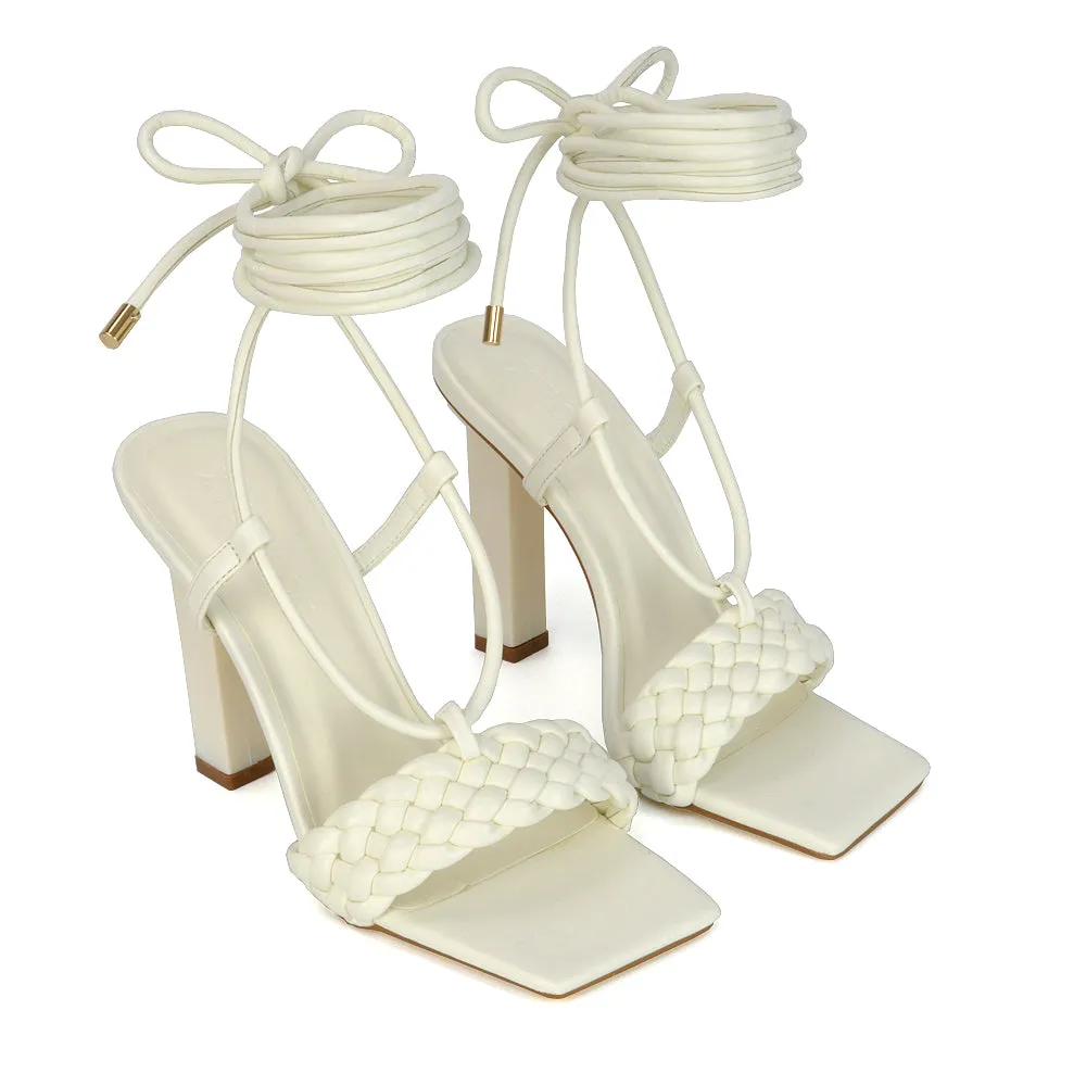 Mira Woven Strap Lace Up Strappy Block Square Toe Heels in Blue Synthetic Leather