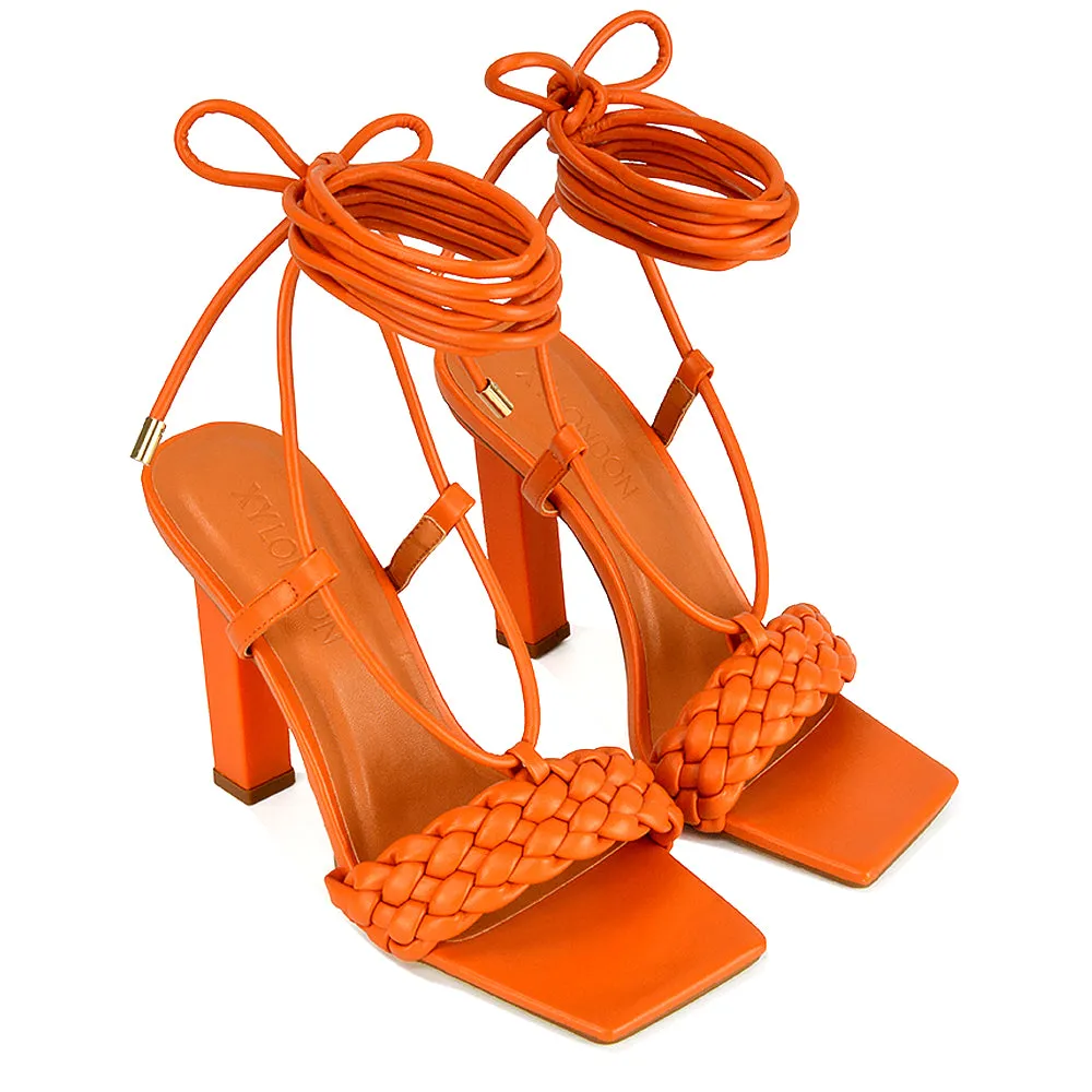 Mira Woven Strap Lace Up Strappy Block Square Toe Heels in Blue Synthetic Leather