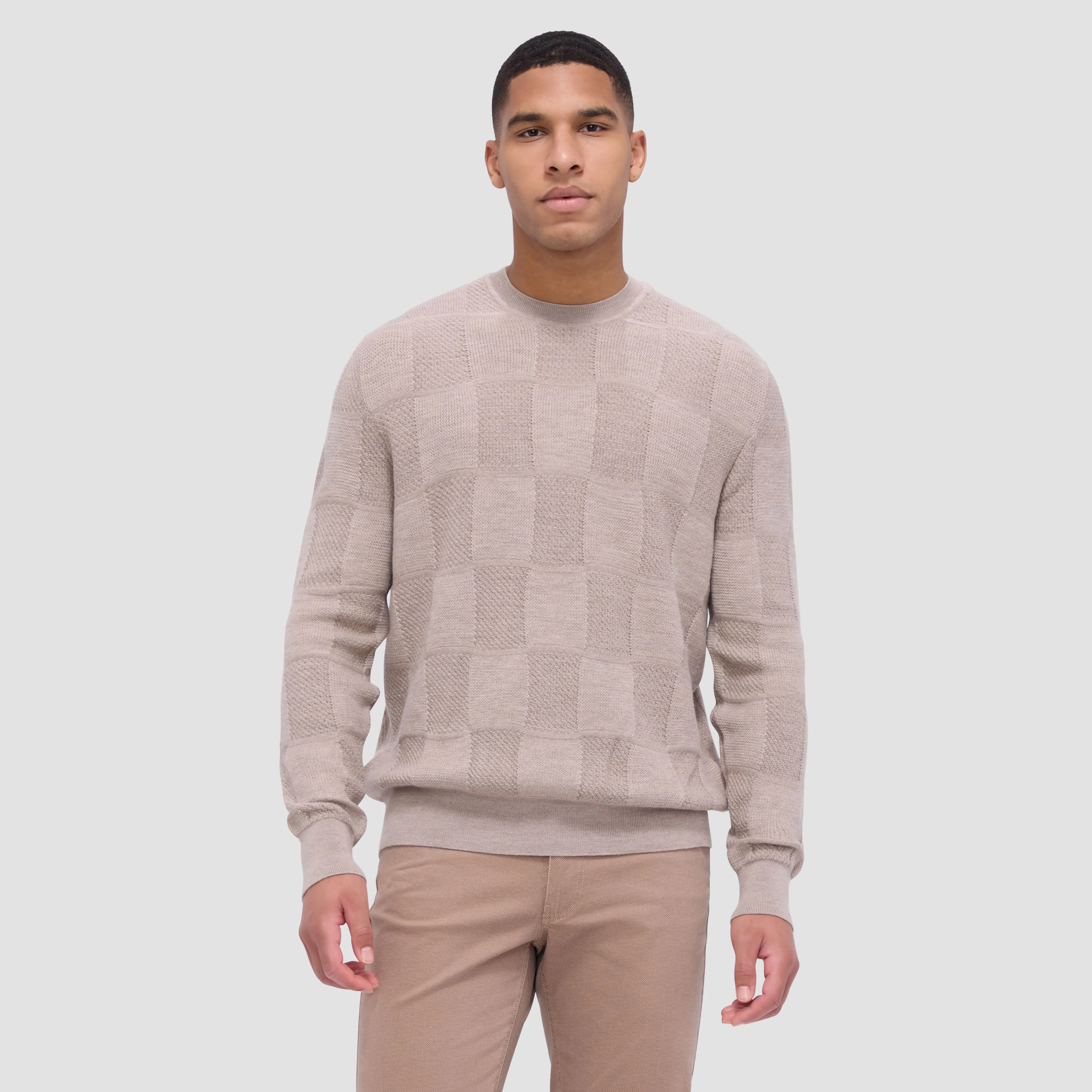 Multi-Stitch Check Jacquard Crew Neck Sweater