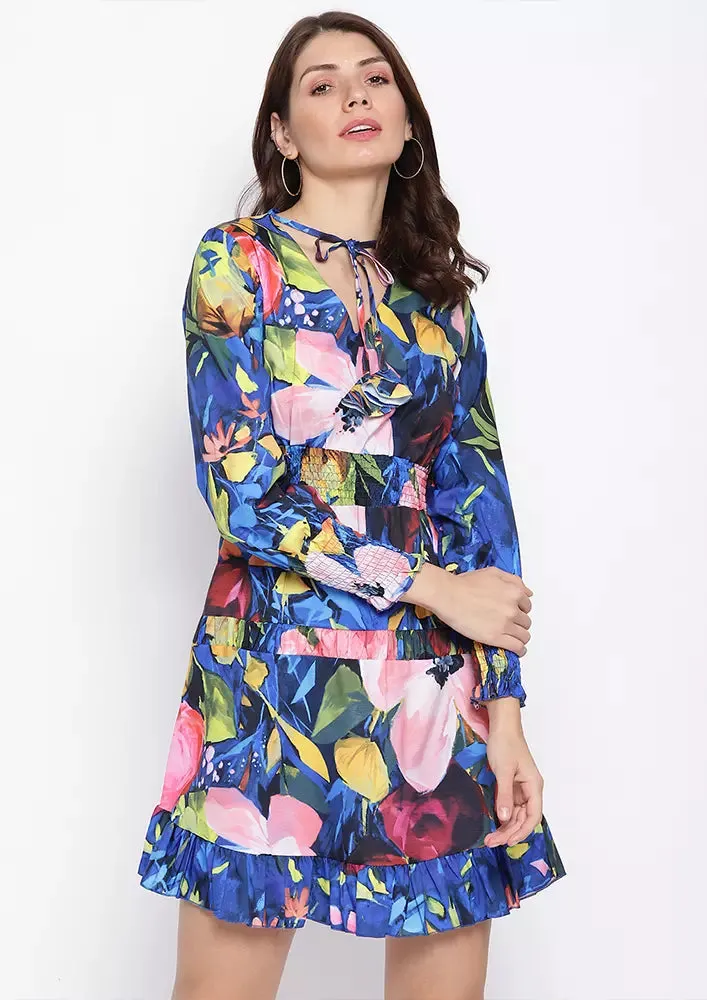 Multicolor Floral Print Cuff Sleeves Skater Dress