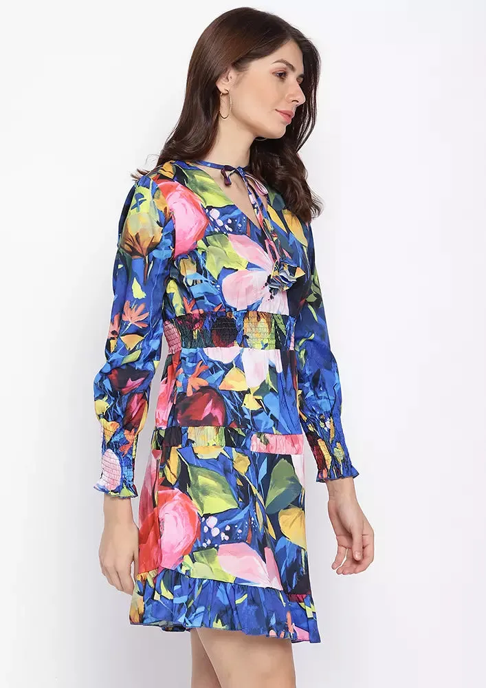 Multicolor Floral Print Cuff Sleeves Skater Dress