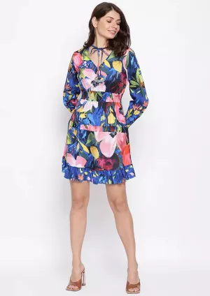 Multicolor Floral Print Cuff Sleeves Skater Dress
