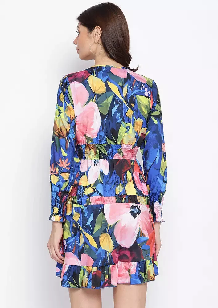 Multicolor Floral Print Cuff Sleeves Skater Dress