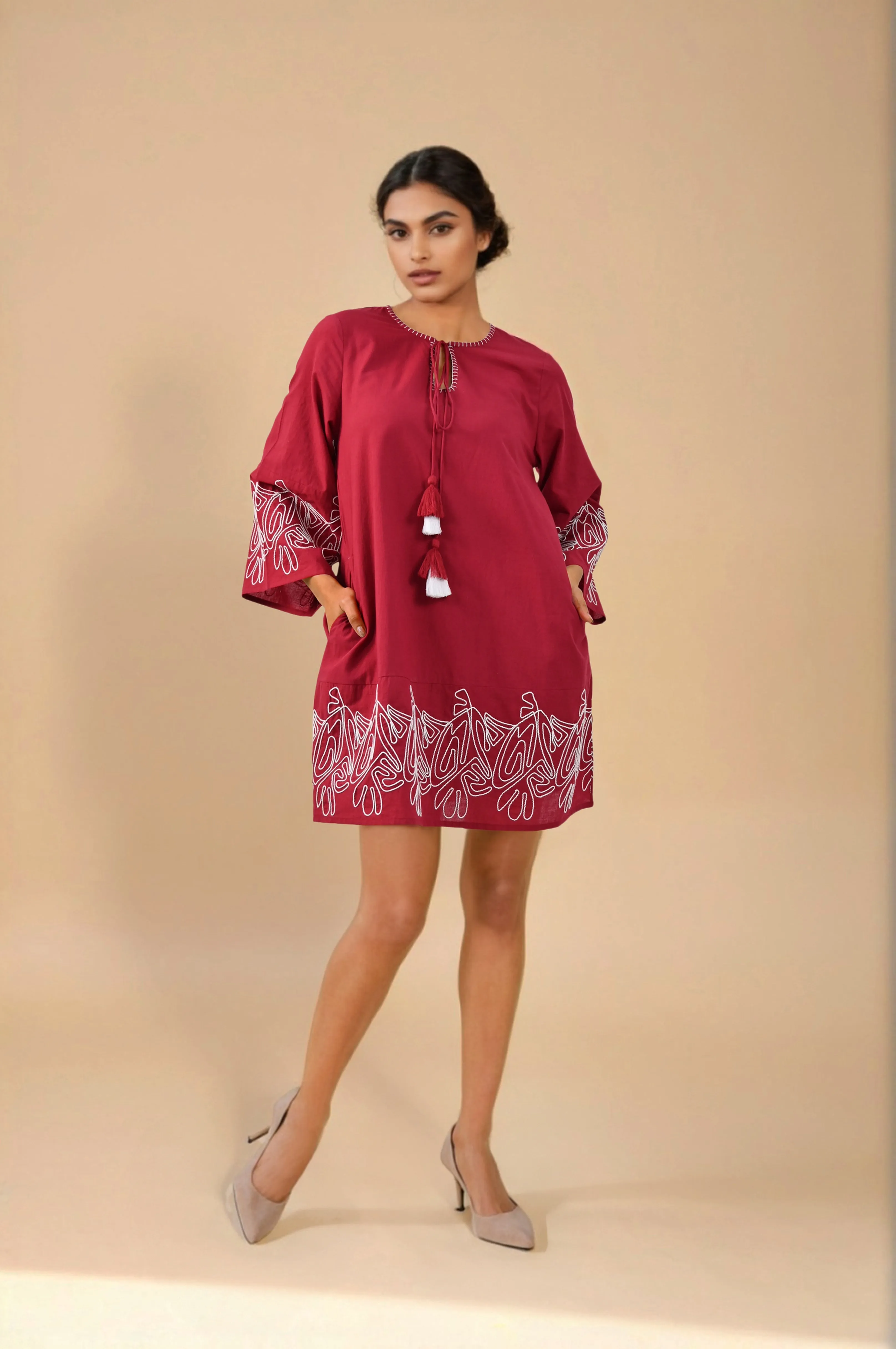 Mystic Maroon Theadwork Mini Dress