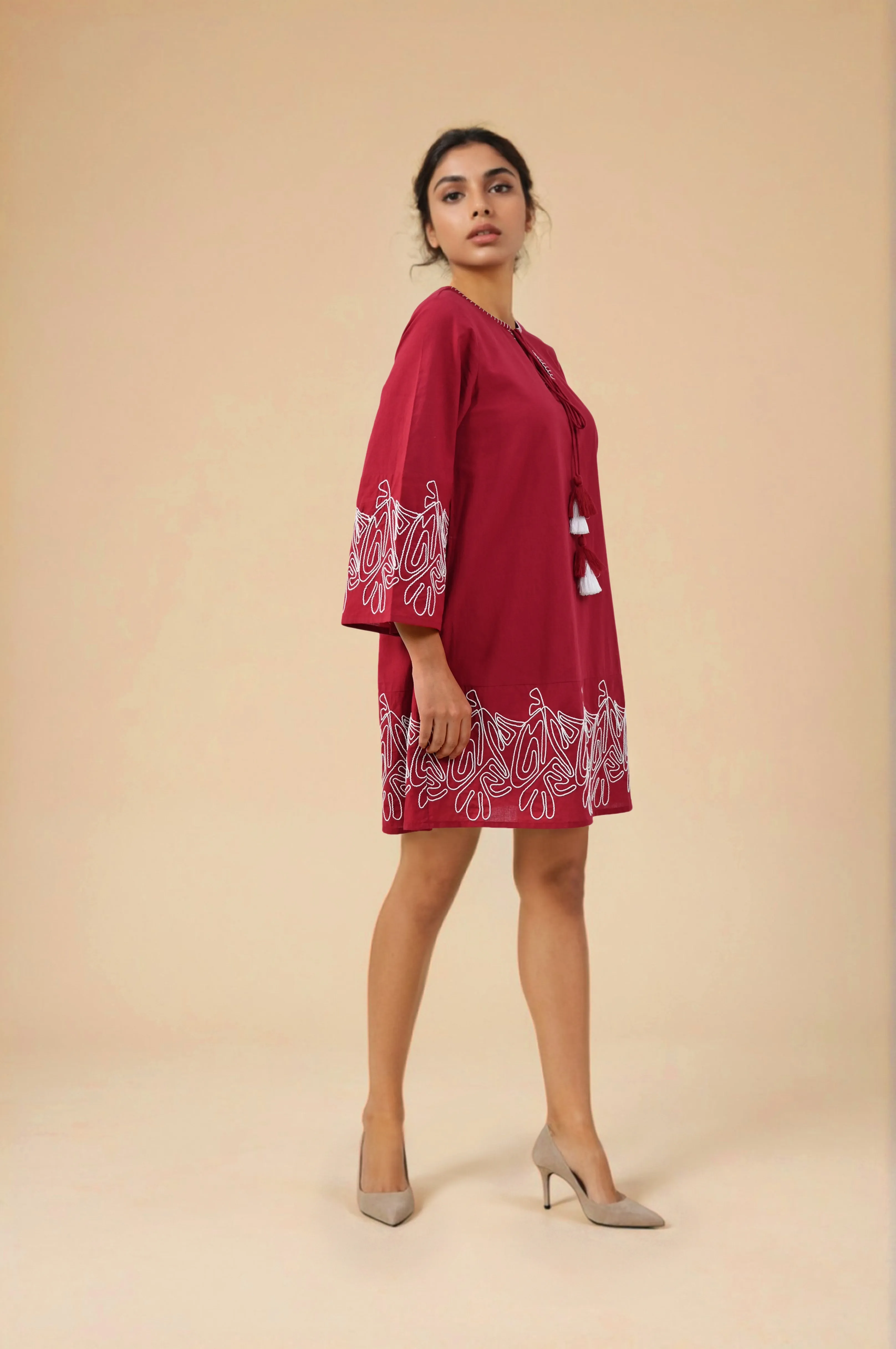 Mystic Maroon Theadwork Mini Dress