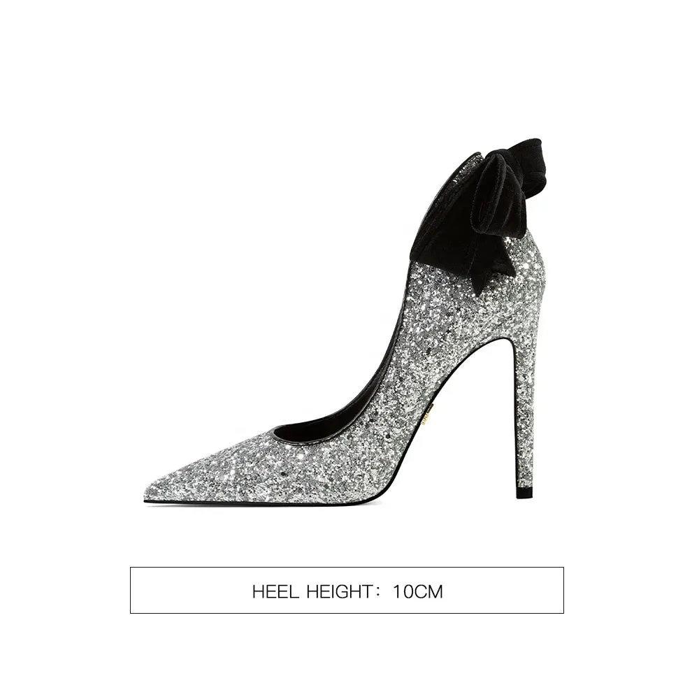 New sexy pointed toe bow sequin wedding shoes stilettos