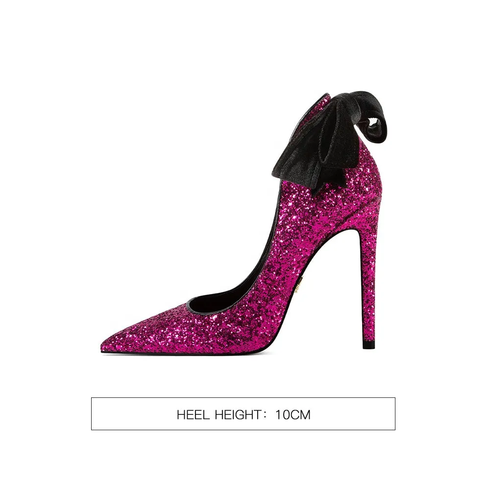 New sexy pointed toe bow sequin wedding shoes stilettos