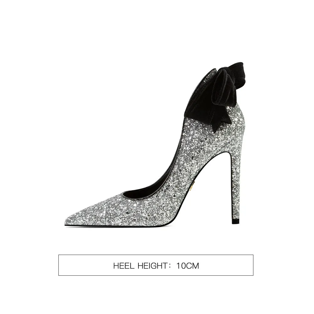 New sexy pointed toe bow sequin wedding shoes stilettos