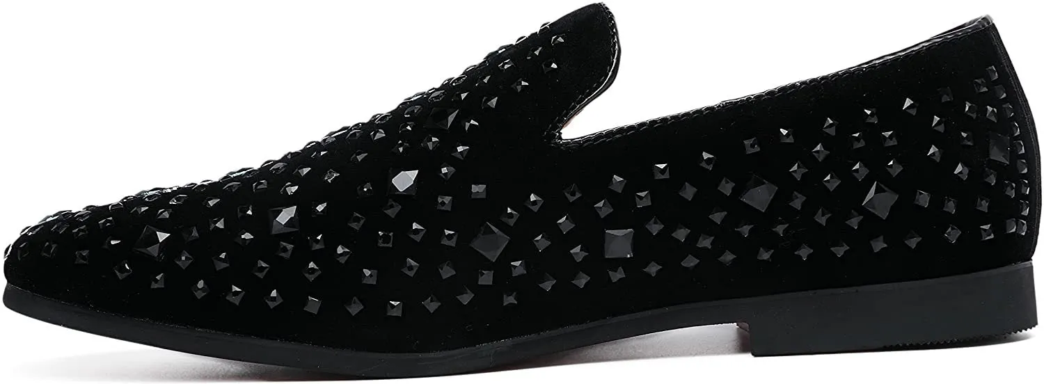 NXY Men's Fashion Tuxedo Loafers Rhinestones Slip-on Black Wedding Moccasins