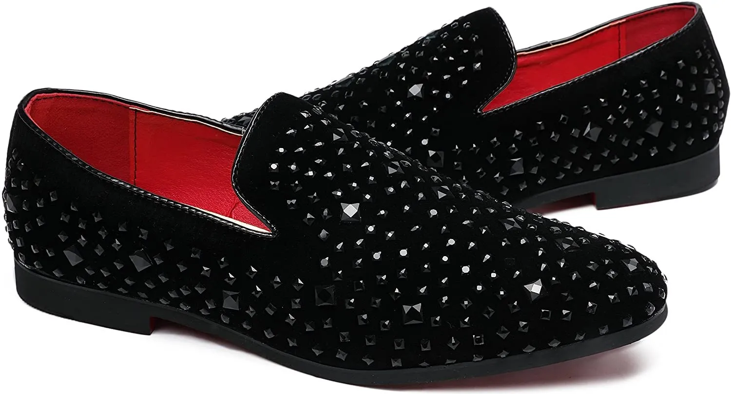 NXY Men's Fashion Tuxedo Loafers Rhinestones Slip-on Black Wedding Moccasins