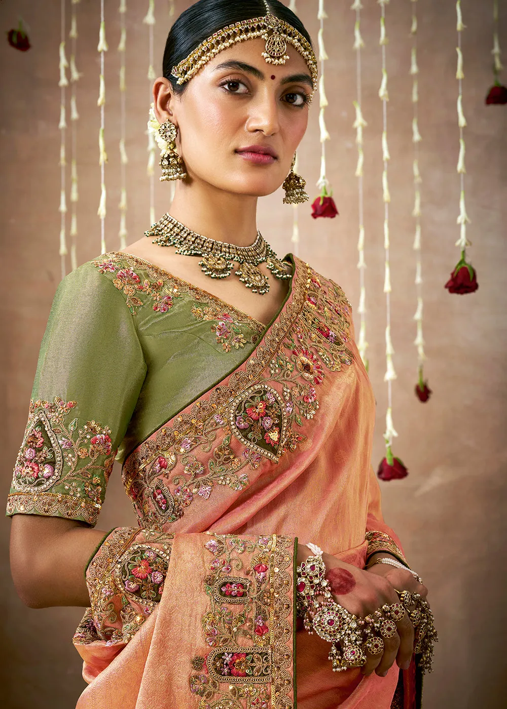 Orange Peach Woven Embroidered Designer Tissue Silk Saree