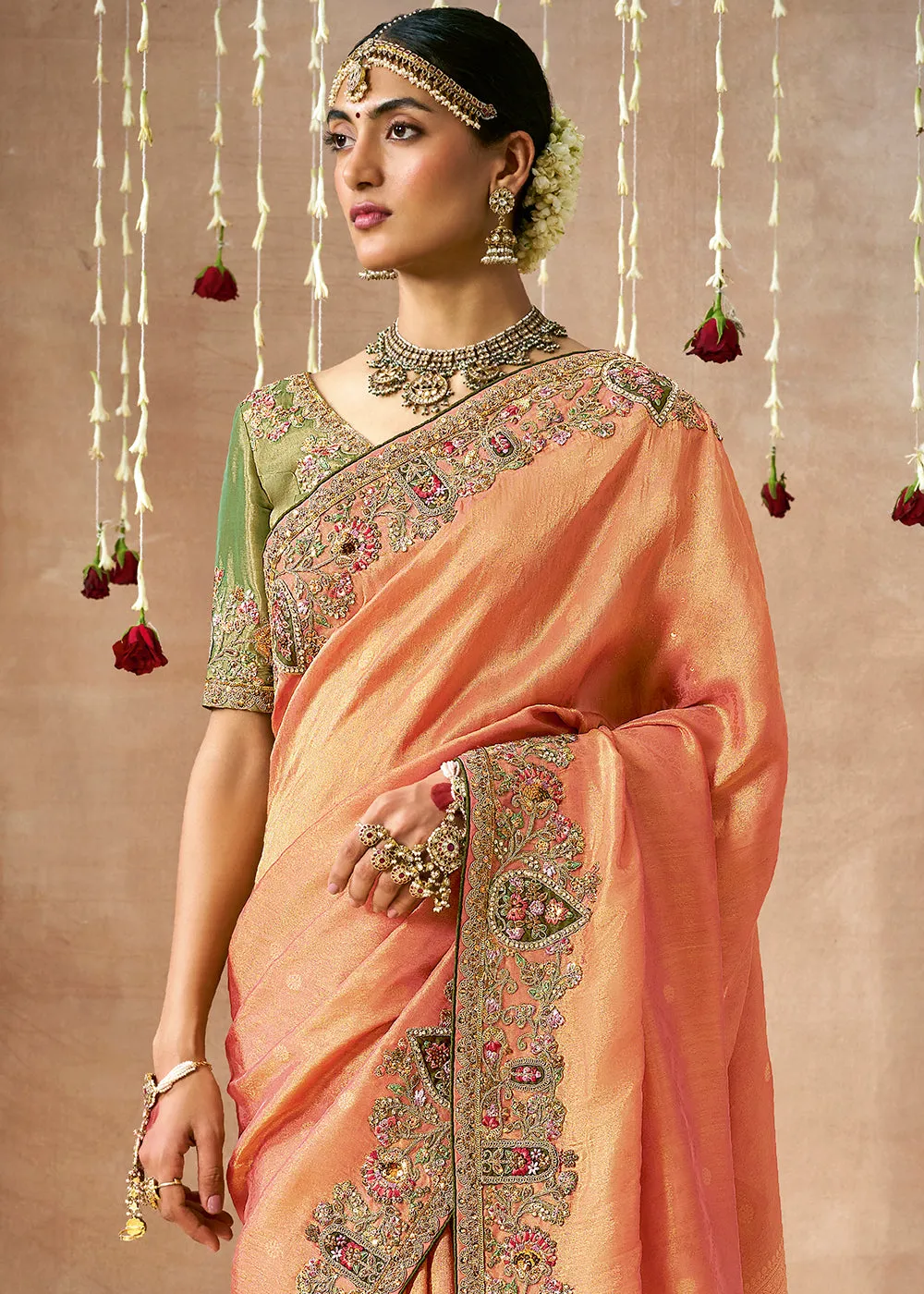 Orange Peach Woven Embroidered Designer Tissue Silk Saree