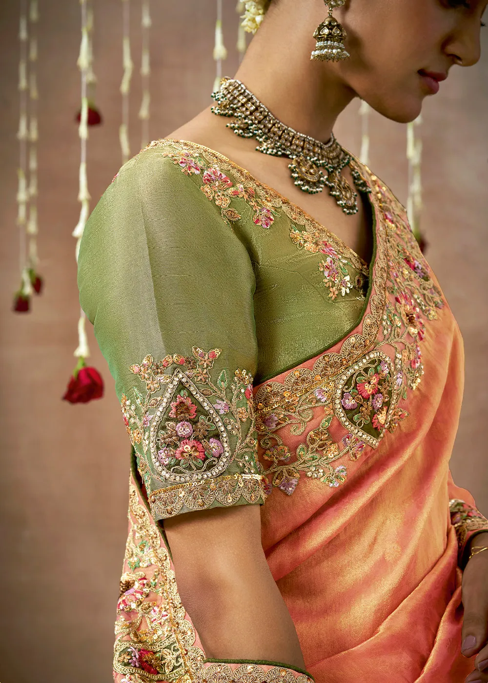 Orange Peach Woven Embroidered Designer Tissue Silk Saree