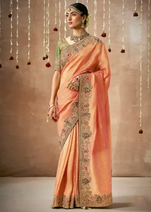 Orange Peach Woven Embroidered Designer Tissue Silk Saree