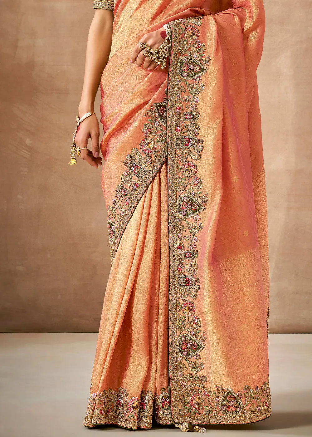 Orange Peach Woven Embroidered Designer Tissue Silk Saree